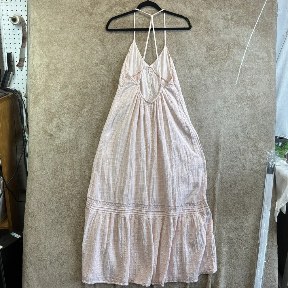 Aerie Sz M Pink Maxi Dress Babydoll‎ Halter Gauze Cotton Tiered EUC